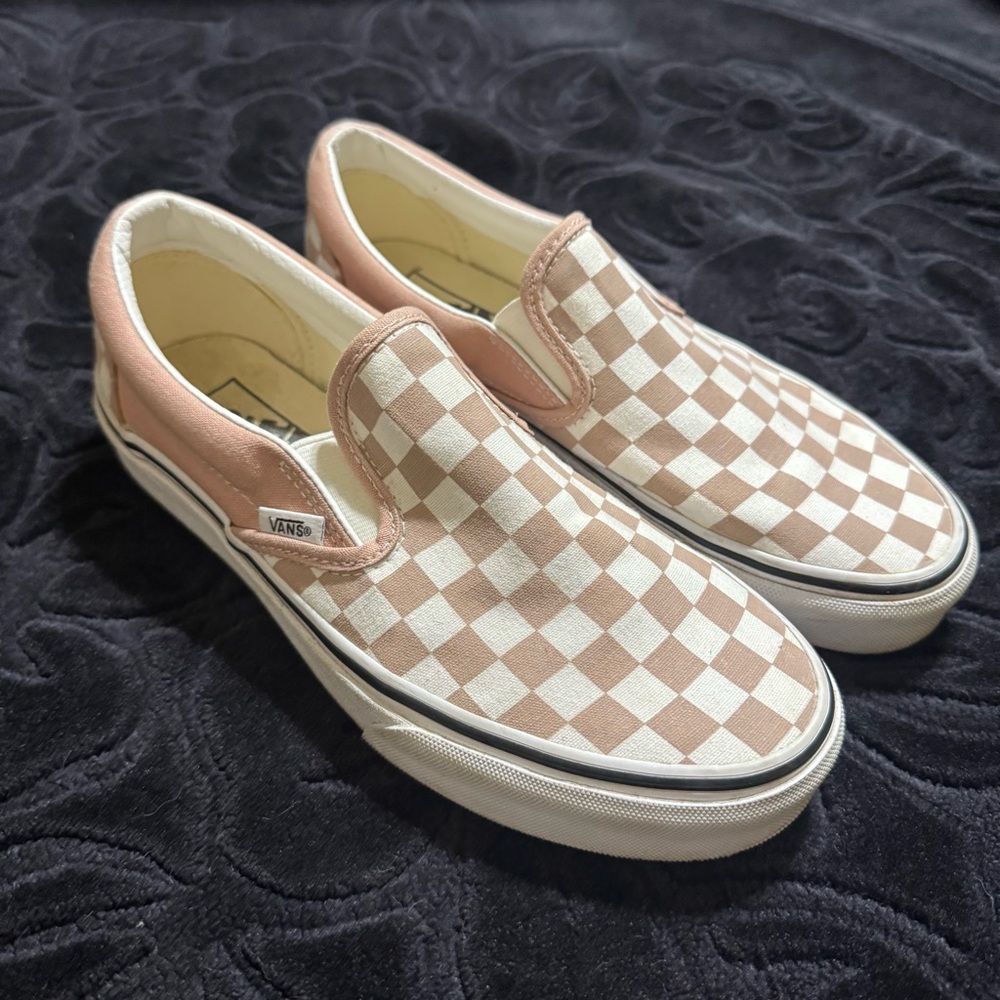 Vans Pink and Cream Checkered Slip-Ons